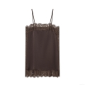 Women Sexy Satin Lace Cami Top Silk Texture Spaghetti Strap Slim Fit V Neck Patchwork Tank Top For Summer Streetwear Party Clubwear Ladies Brown