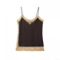 Women's Sexy Satin Camisole Lace Trim V-Neck Spaghetti Strap Slim Fit Tank Top 100% Polyester Patchwork Sleeveless Blouse For Party Nightwear