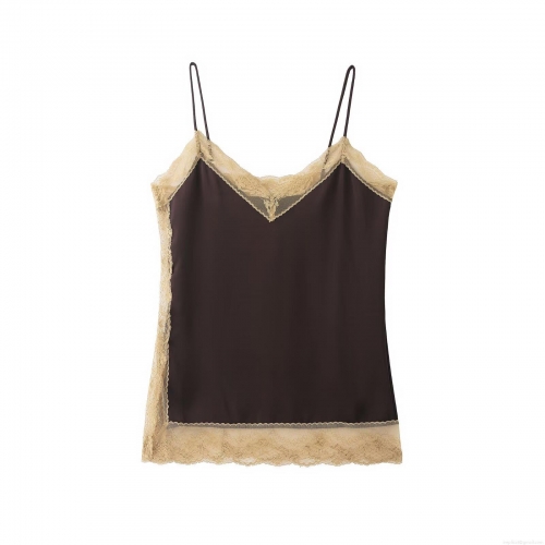 Women's Sexy Satin Camisole Lace Trim V-Neck Spaghetti Strap Slim Fit Tank Top 100% Polyester Patchwork Sleeveless Blouse For Party Nightwear