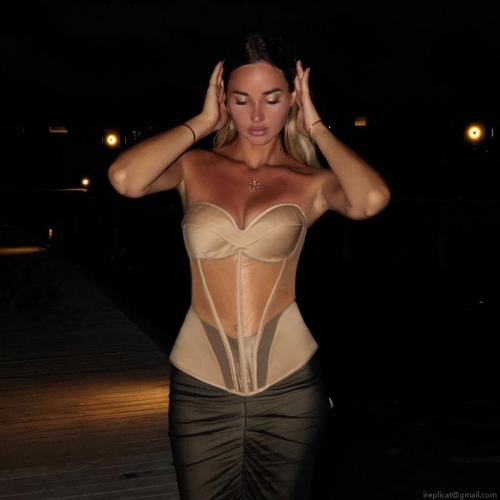Sexy Women Strapless Corset Top Mesh Patchwork Boning Body Shaper Slim Fit Tank Top Champagne Black Sleeveless Bustier For Party Club Night Outwear