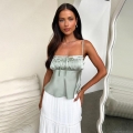 Lace Trim Satin Cami Top With Bow Tie Ruched Sexy Slim Fit Sleeveless Polyester Summer Casual Vest For Women