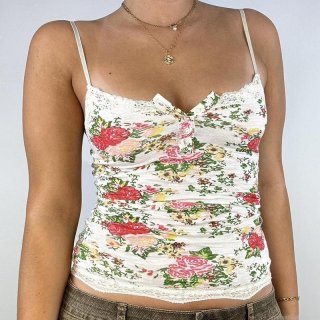 Women's Sexy Floral Print Polyester Spandex Camisole With Lace Trim Slim Fit V-Neck Button Front Sleeveless Crop Top Summer Vest Women's Sexy Floral Print Polyester Spandex Camisole With Lace Trim Slim Fit V-Neck Button Front Sleeveless Crop Top Summer Vest
