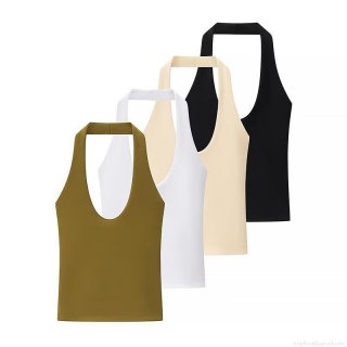 Women's Slim Fit Halter Neck T-Shirt Solid Color Ribbed Knit Polyester Sleeveless Backless Top For Summer Party Casual Wear