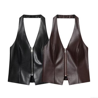 Women's Halter Neck PU Leather Vest Top With Front Metal Zipper Sexy Sleeveless Slim Fit Polyester Lined Streetwear Fashion Casual Party Clubwear