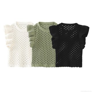 Women's Hollow Out Knit Vest Sleeveless Ruffle Trim Round Neck Crochet Top Solid Color Elegant Summer Tank Top For Casual Dating Party