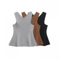 Women's Mercerized Cotton Knitted Peplum Tank Top Elegant V-Neck Sleeveless Slim Fit Pullover Waistband Vest for Summer Party Daily Wear