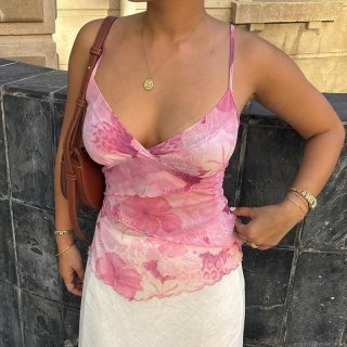 Women's Sexy Floral Print Mesh Camisole V-Neck Ruffle Trim Sleeveless Tank Top Summer Aesthetic Slim Fit Polyester Chiffon Crop Top For Women Women's Sexy Floral Print Mesh Camisole V-Neck Ruffle Trim Sleeveless Tank Top Summer Aesthetic Slim Fit Polyester Chiffon Crop Top For Women