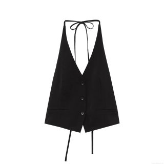 Women Halter Neck Vest Tank Top Backless Slub Linen V-Neck Button Down Bow Tie Celebrity Party INS Style Sexy Summer Top