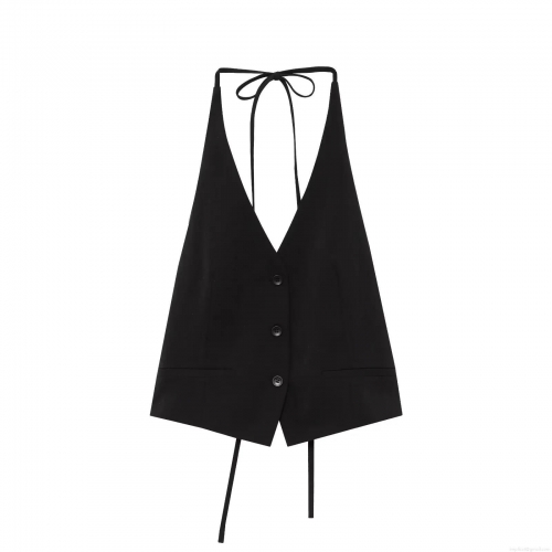 Women Halter Neck Vest Tank Top Backless Slub Linen V-Neck Button Down Bow Tie Celebrity Party INS Style Sexy Summer Top