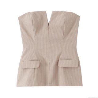 Women's Sexy Khaki White Striped Bandeau Top Strapless V-Neck Off Shoulder Peplum Vest Slim Fit Polyester Clubwear Crop Top for Ladies