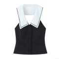 Women's Slim Fit Sailor Collar Vest Top Backless Contrast Trim Cropped Suit Fabric Vest Sleeveless Button Down Blouse For Dating Party Chic Vintage Top