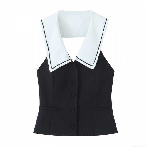 Women's Slim Fit Sailor Collar Vest Top Backless Contrast Trim Cropped Suit Fabric Vest Sleeveless Button Down Blouse For Dating Party Chic Vintage Top