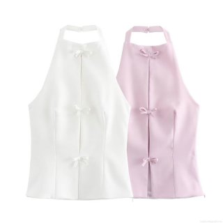 Women's Sexy Halter Neck Crop Top 100% Polyester Slim Fit Tank Top With Bow Decoration Sweet Style Sleeveless Backless Vest For Party Dating Summer Clothing