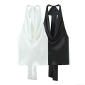 Women's Satin Halter Neck Tank Top Sexy Backless Sleeveless Crop Top With Tie Back Bow Elegant Solid Color Camisole For Party Club Summer Dating Streetwear
