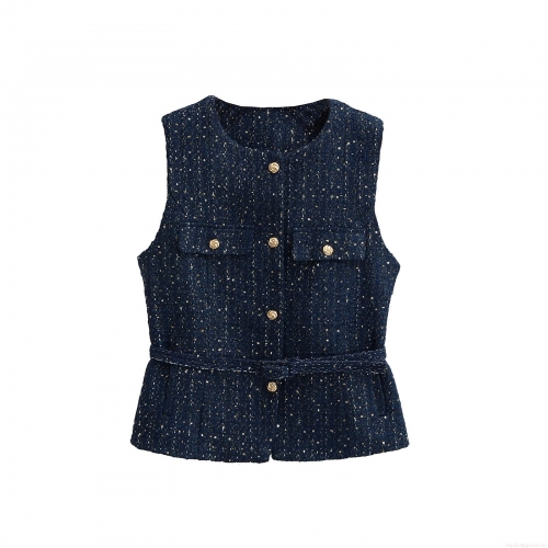 Women's Elegant Tweed Vest With Gold Buttons Shiny Sequin Sleeveless Chanel Style Waistcoat For Daily Office Party Lady Fashion Tops Women's Elegant Tweed Vest With Gold Buttons Shiny Sequin Sleeveless Chanel Style Waistcoat For Daily Office Party Lady Fashion Tops