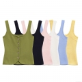 Sexy Slim Fit Knit Vest Top With Irregular Metal Buttons Sleeveless Square Neck Mercerized Cotton Crop Top Casual Summer Tank Top For Women