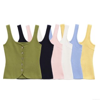 Sexy Slim Fit Knit Vest Top With Irregular Metal Buttons Sleeveless Square Neck Mercerized Cotton Crop Top Casual Summer Tank Top For Women