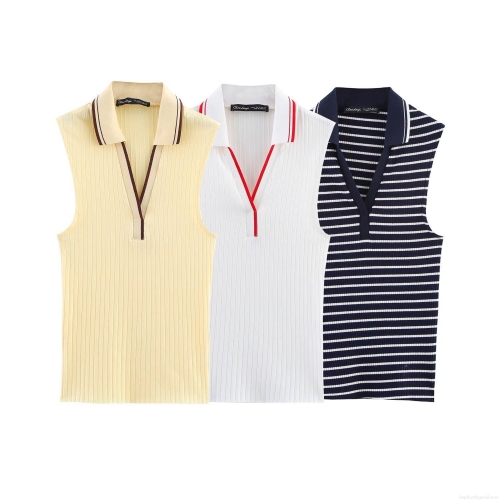 Women's Ribbed Knitted Polo Vest Sleeveless Contrast Trim Slim Fit Crop Top Summer Preppy Style Rib Knit Tank Top for Casual Daily Wear