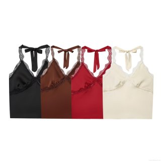 Women's Sexy Lace Trim Satin Halter Top V-Neck Backless Cami Crop Top Silk Smooth Bow Tie Tank Top For Summer Party Clubwear