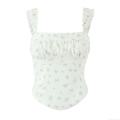 Women French Style Sweet Sexy Floral Lace Smocked Cami Top Square Neck Sleeveless Slim Fit Crop Top For Summer Beach Party Clubwear Clothing