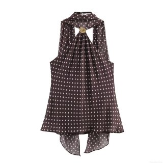 Women's Sexy Halter Neck Polka Dot Top Backless Chiffon Sleeveless Blouse With Metal Ring Decoration Elegant Summer Slim Fit Brown White Polka Dot Party Top For Women