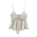 Sexy V-Neck Lace Trim Cami Top For Women Georgette Ruching Solid Color Adjustable Spaghetti Strap Camisole Party Clubwear Summer Sleeveless Shirt