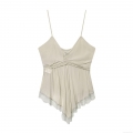 Women's Elegant Satin Tank Top Lace Stitching Ruched V-Neck Camisole Sleeveless Slim Fit Shirt For Party Club Daily Wear Sexy Spaghetti Strap Top