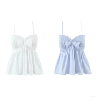 Women's Sexy Sweet Spaghetti Strap Camisole Top With Big Bow Ruffle Hem Smocked Bodice Sleeveless Cotton Crop Top For Summer Party Clubwear