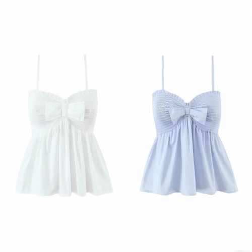 Women's Sexy Sweet Spaghetti Strap Camisole Top With Big Bow Ruffle Hem Smocked Bodice Sleeveless Cotton Crop Top For Summer Party Clubwear