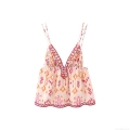 Bohemian V-Neck Spaghetti Strap Camisole Top For Women 100% Polyester Ethic Print Tank Top With Tassels And Sequins Summer Vacation Beach Party Wear