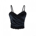 Women Sexy Lace Trim V-Neck Cami Top Silk Finish Polyester Spandex Spaghetti Strap Slim Fit Short Tank Top For Dating Club