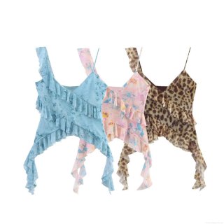 Women's Sexy Tiered Ruffle Camisole Top Polyester Mesh Asymmetric Leopard Floral V-Neck Sleeveless Crop Top Clubwear