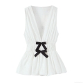 Women Elegant V-Neck Sleeveless Textured Top With Black Bow-knot Slim Fit Pleated Hem Camisole INS Style Summer Fashion Polyester Blouse For Women