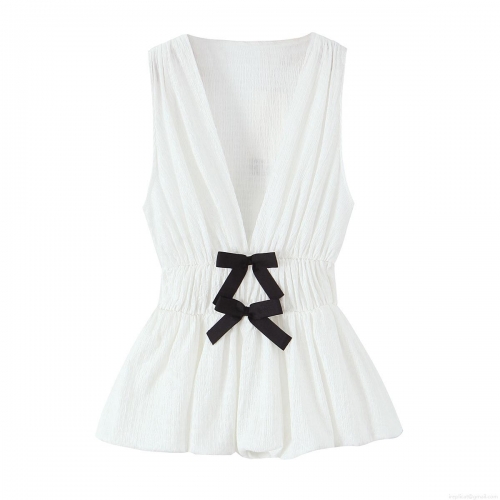Women Elegant V-Neck Sleeveless Textured Top With Black Bow-knot Slim Fit Pleated Hem Camisole INS Style Summer Fashion Polyester Blouse For Women