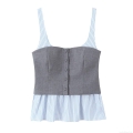 Women Sexy Patchwork Striped Camisole Top Spaghetti Straps Button Up Peplum Hem Poplin Tank Top Summer Streetwear Slim Fit Blouse