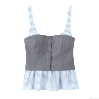 Women Sexy Patchwork Striped Camisole Top Spaghetti Straps Button Up Peplum Hem Poplin Tank Top Summer Streetwear Slim Fit Blouse