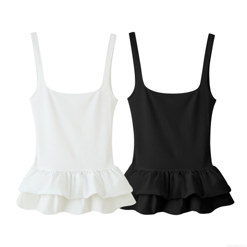 Women's Sexy Square Neck Peplum Tank Top Double Layer Ruffle Hem Slim Fit Sleeveless Cami Top Summer Solid Color Knit Camisole Party Clubwear