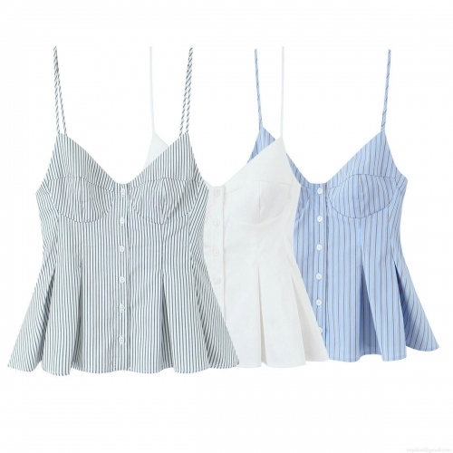 Women's Spaghetti Strap V Neck Button Down Camisole Top Pleated Peplum Poplin Striped Sexy Streetwear Summer Tank Tops Women's Spaghetti Strap V Neck Button Down Camisole Top Pleated Peplum Poplin Striped Sexy Streetwear Summer Tank Tops