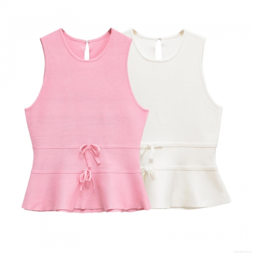 Women's Elegant Knit Sleeveless Top With Peplum Hem And Bow Detail Round Neck Polyester Knit Vest For Dating Summer Fashion