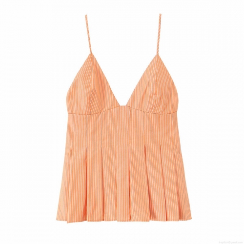 Women's Sexy Orange White Vertical Striped V-Neck Camisole Slim Fit Pleated Hem Strappy Top Summer Casual Sleeveless Polyester Poplin Blouse