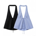 Women Halter Neck Backless Sexy Top Deep V Neck Bow Tie Peplum Cami Sleeveless Striped Black Tank Top For Summer Vacation Party Clubwear