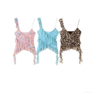 Women's Mesh Ruffle Camisole Floral Leopard Print Asymmetric Hem Tank Top Sexy Slim Fit Sleeveless Crop Top For Summer Vacation Celebrity Style