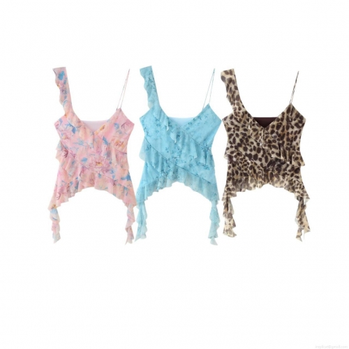 Women's Mesh Ruffle Camisole Floral Leopard Print Asymmetric Hem Tank Top Sexy Slim Fit Sleeveless Crop Top For Summer Vacation Celebrity Style