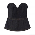 Women Sexy Denim Peplum Tube Top Strapless Fishbone Bustier Corset With Front Metal Zipper Contrast Stitching Streetwear Party Top