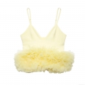 Women's Elegant Light Yellow V-Neck Camisole Top with Multi-Layer Tulle Mesh Hem Adjustable Spaghetti Straps Slim Fit Sleeveless Party Clubwear