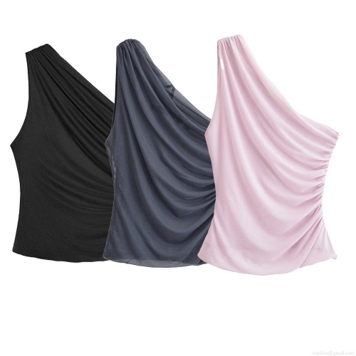 Women's Sexy One Shoulder Ruched Mesh Tank Top Asymmetric Slim Fit Sleeveless Polyester Shirt For Party Club Streetwear Daily Summer Solid Cami