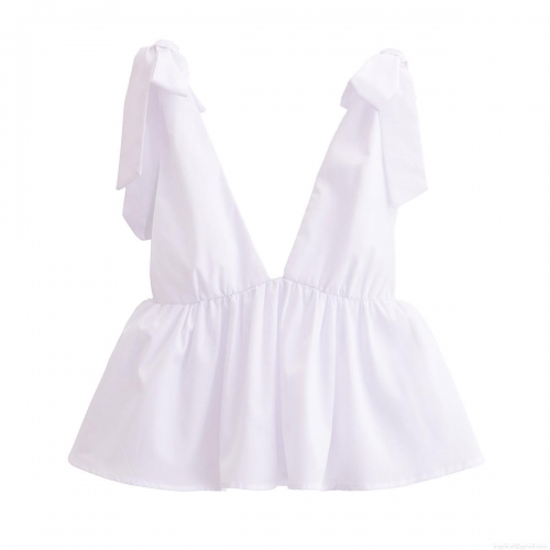 Women's Sexy Deep V-Neck Bow Shoulder Tie Camisole Top Solid White 100% Polyester Peplum Hem Sleeveless Blouse for Summer Vacation Party Beach