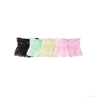 Women's Embroidered Tube Top 100% Polyester Strapless Ruffle Hem Smocked Crop Top Sweet Floral Twist Front Sleeveless Summer Blouse For Women Party