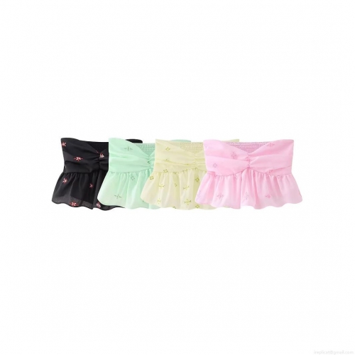 Women's Embroidered Tube Top 100% Polyester Strapless Ruffle Hem Smocked Crop Top Sweet Floral Twist Front Sleeveless Summer Blouse For Women Party