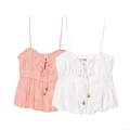 Women's Sand Washed Cotton Spaghetti Strap Camisole Top With Ruffle Trim Drawstring Smocked Hem Boho Sweet Sleeveless Tank Top For Summer Vacation Dating